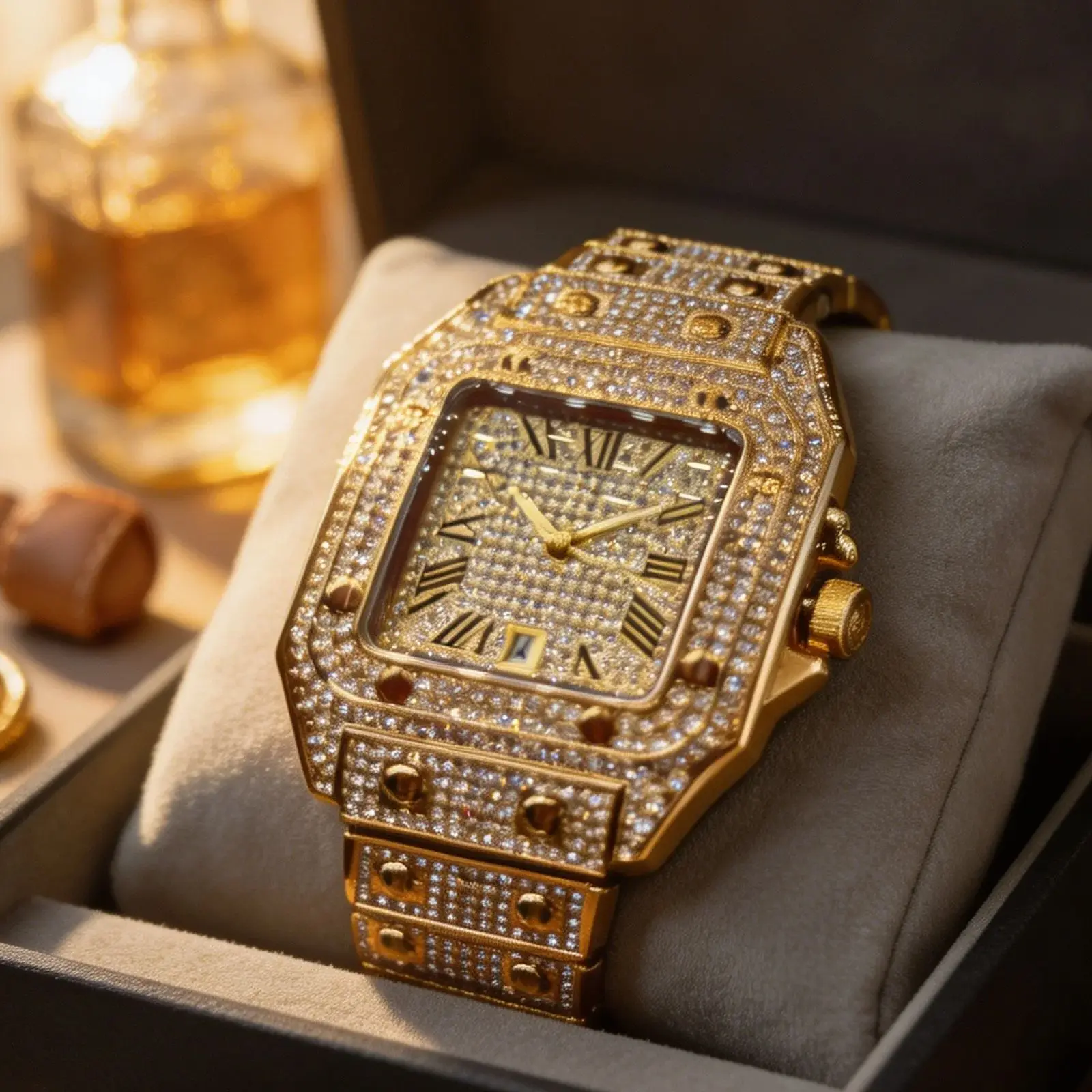 Men's Diamond-Encrusted Quartz Watch, Square Roman Numeral Dial, Full Diamond Sparkle Watch, Luxurious Hip-Hop Style, with Date Display Function, Waterproof Design, Suitable for Men's Parties and Business Occasions