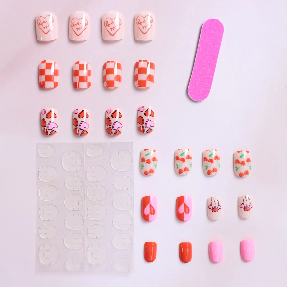 24pcs Short Square Baby Pink Striped Dots Heart Pattern Full Cover unghie finte unghie estive French Tip Press on Nails coreano