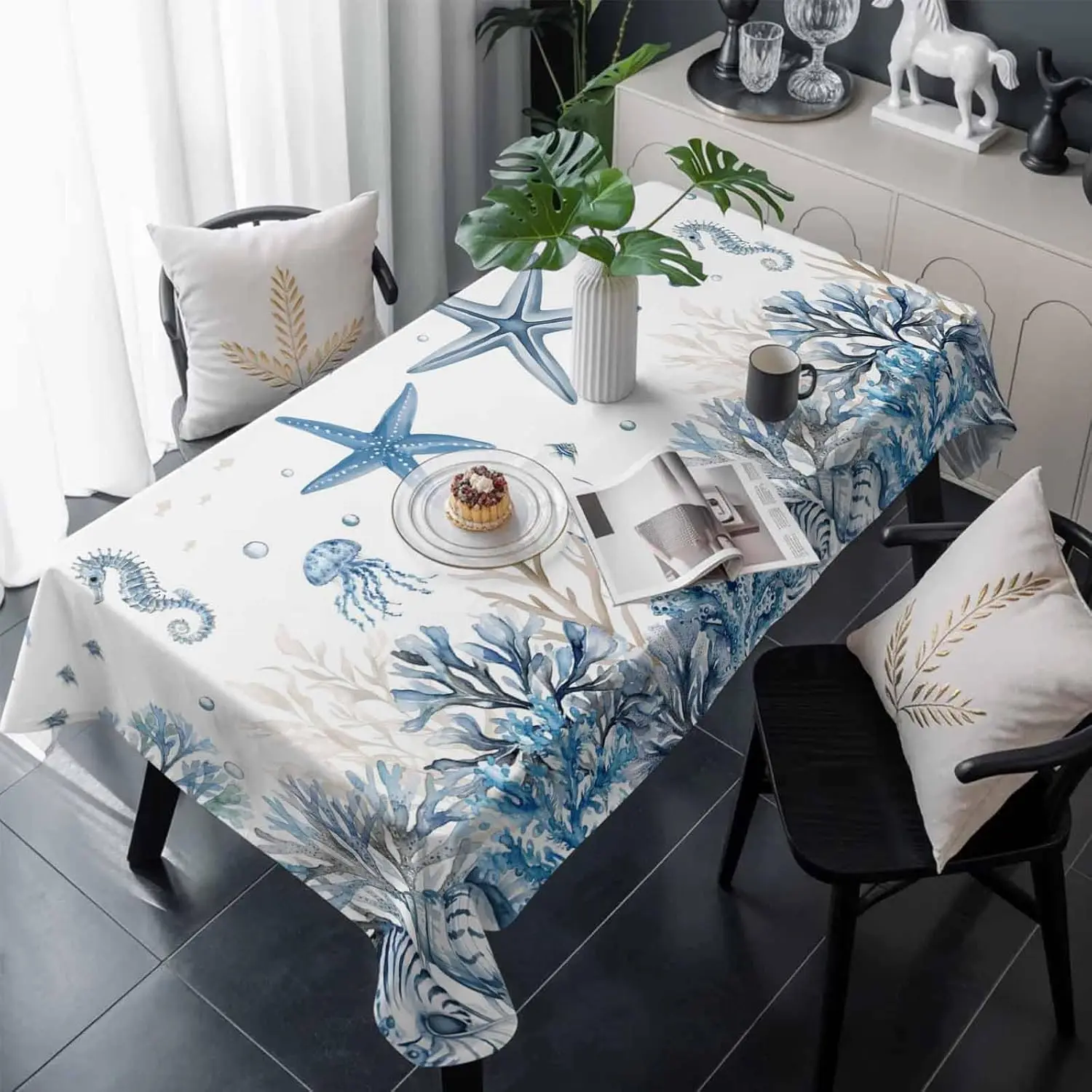 Blue Coastal Waterproof Tablecloths Wedding Decor Summer Watercolor Starfish Corals Rectangle Tablecloth for Kitchen Dining