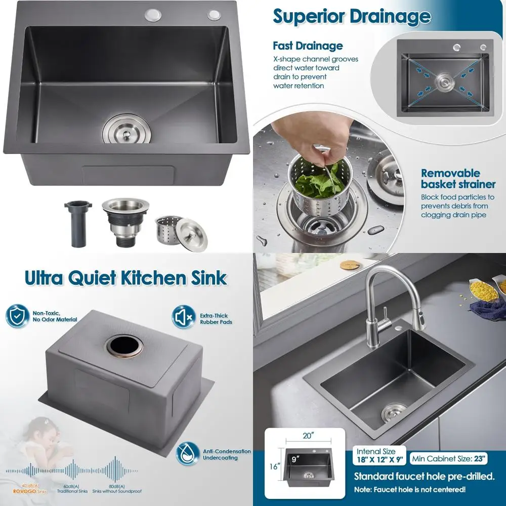 حوض مطبخ ستانلس ستيل، 20 × 16 × 9، وعاء فردي، حامل علوي، حوض إعداد مصنوع يدويًا للمساحات الصغيرة