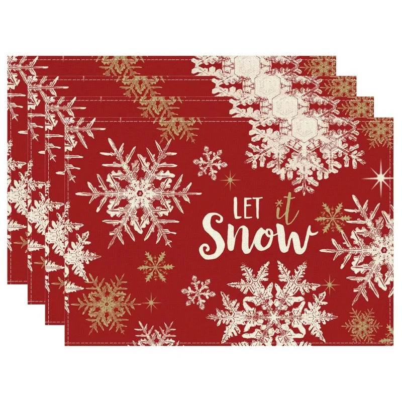 VIKAMA Linen Placemats Let It Snow Snowflakes, Red White Gold, Stain Resistant Easy to Clean, Holiday Party
