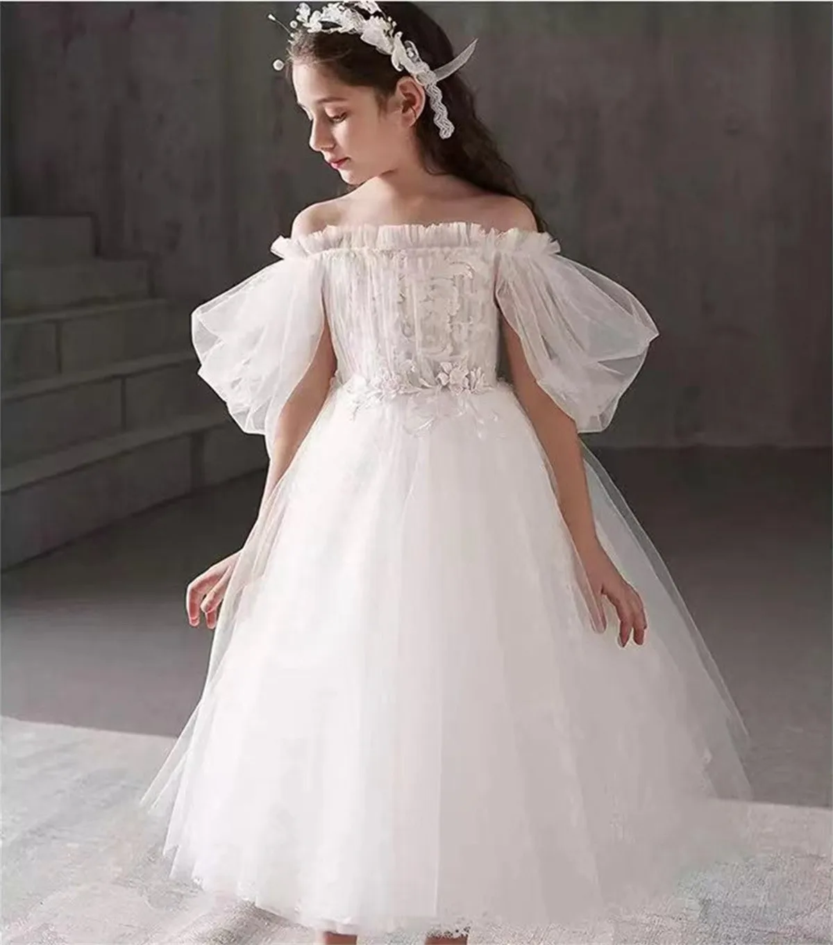 White Tulle  Flower Girl Dress Wedding Off Shoulder Lantern Sleeve Cute Little Child First Supper Evening Dress Ball Gowns