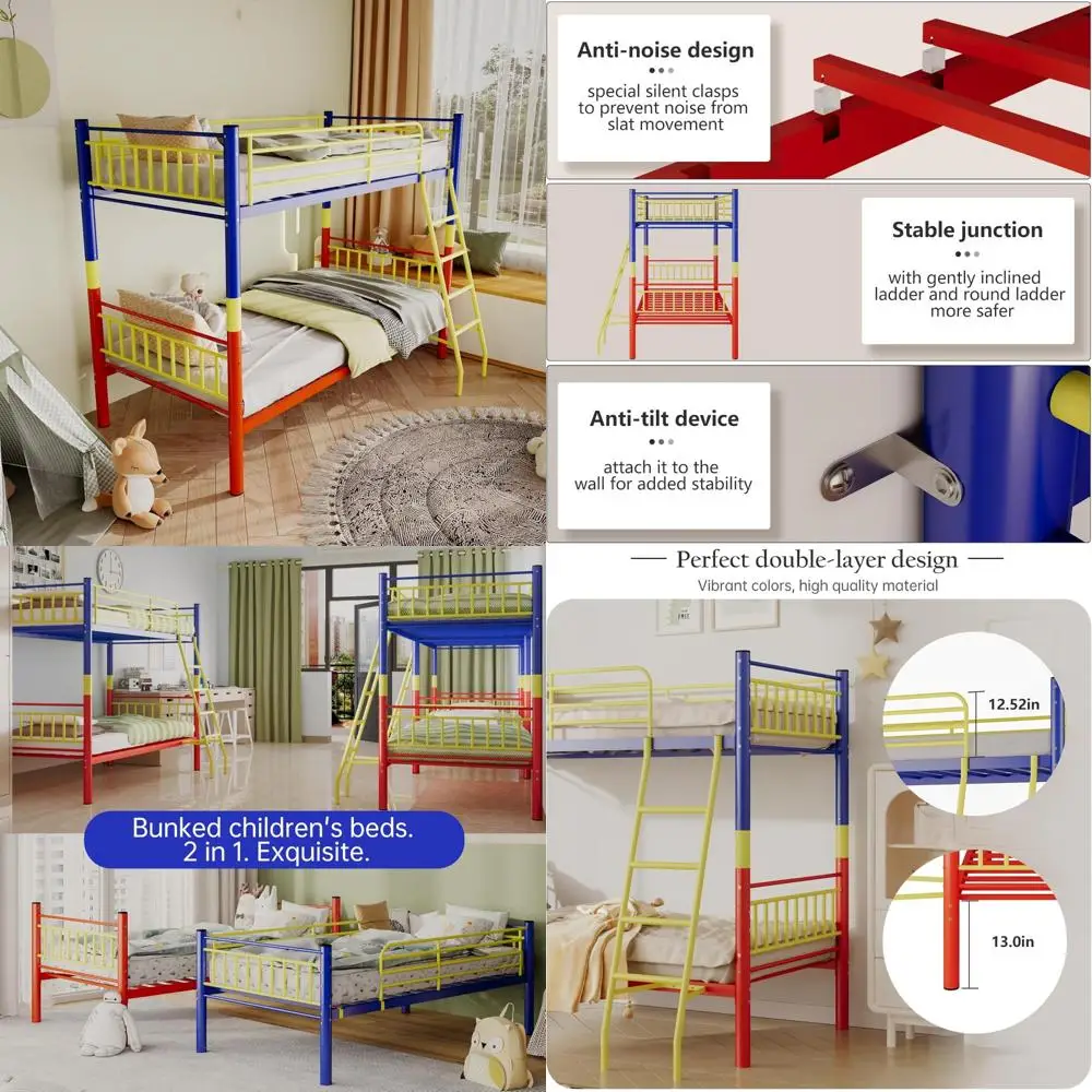 سرير مزدوج معدني بطابقين للبالغين والأطفال مع حاجز أمان وسلم، تصميم موفر للمساحة للاستخدام الفعال #1