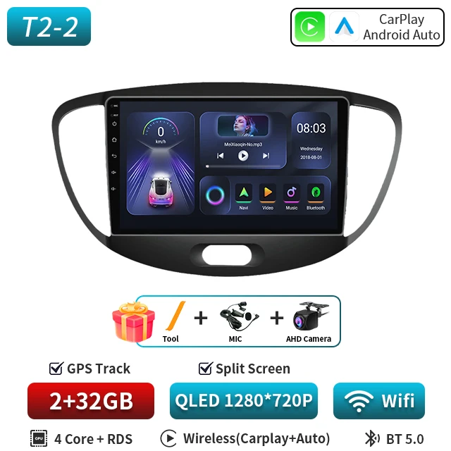 Android 16 CarPlay Auto 5G WIFI Autoradio Voor Hyundai i10 2007 2008 2009 2010 2011 2012 2013 GPS multimedia Spelerereo BT DVD