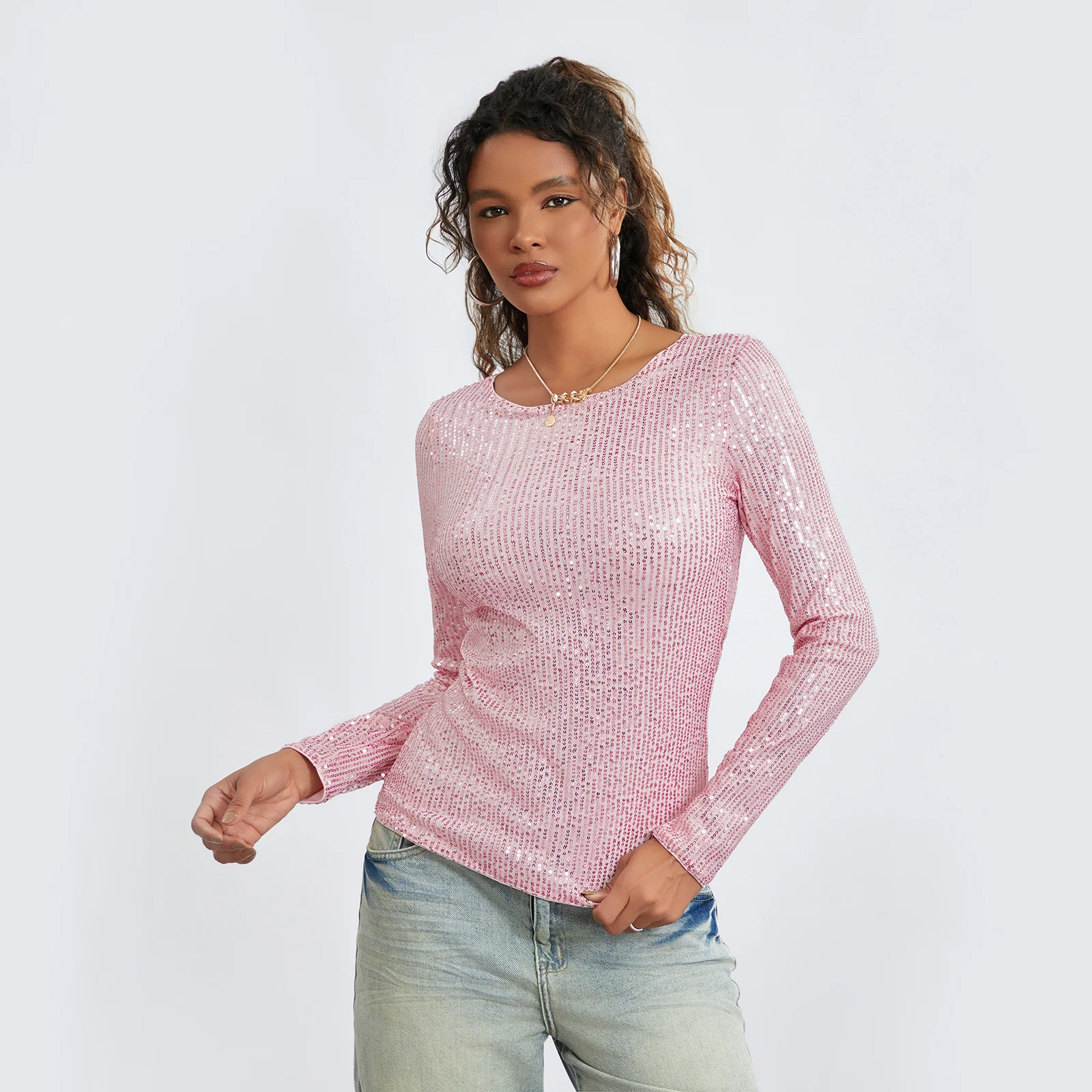 Women\'s Sequins Long Sleeve Tops Y2k Slim Round Neck T-Shirts Streetwear Aesthetic Clothes Bottoming Shirt for Fall