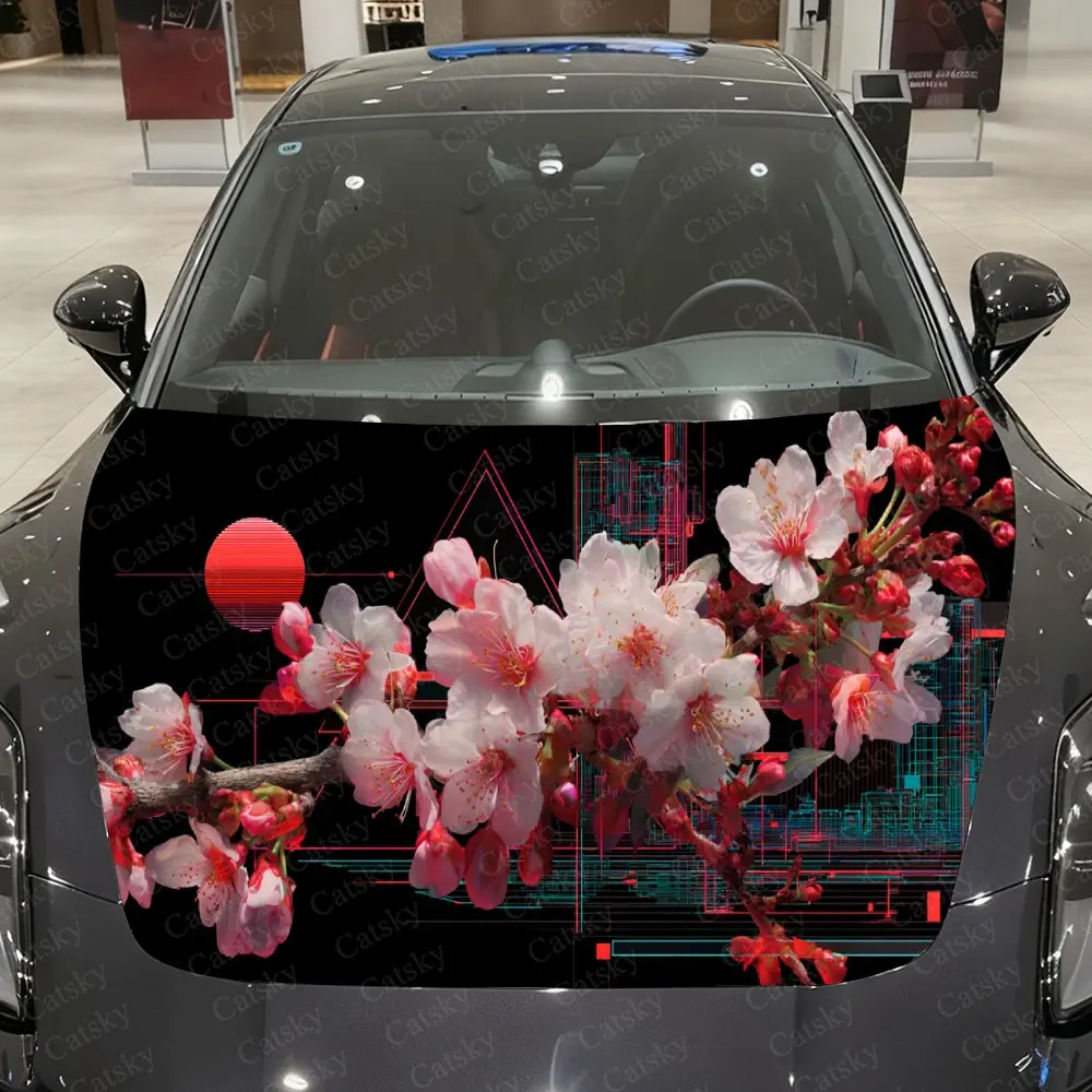 

Cyber Sakura Wave Car Vinyl Wrap, PVC Waterproof Car Hood Sticker, Self-Adhesive Scratch-Resistant Stickers for Engine Cover
