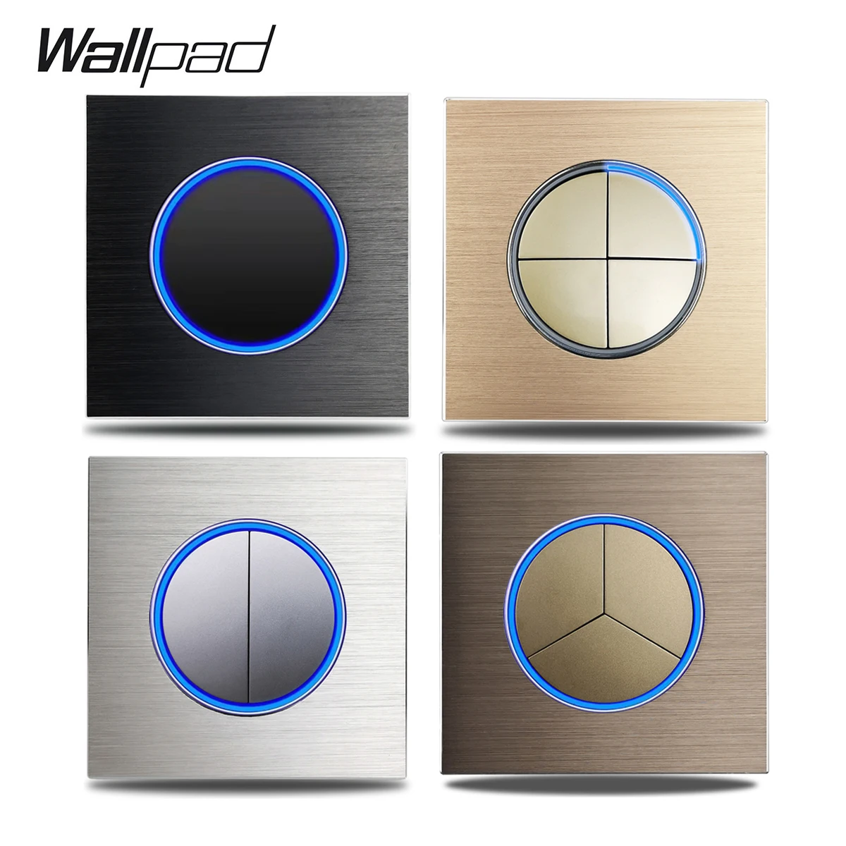 

Wallpad Wall Light Switch Black Aluminum Metal Plate Round Button Blue LED Light Night Silver Gold Brown 1-4 Gang 110-250V