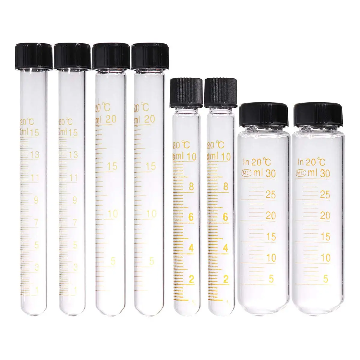 8 Pcs Tubes Graduated Glass Test Tubes with Screw Caps Calibration Test Tubes 10ml 15ml 20ml 30ml