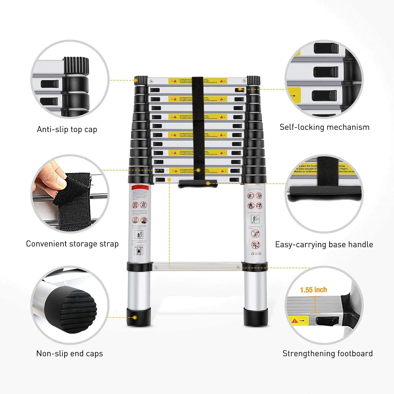 Ladder Aluminum Telescopic Extension Multi Purpose Ladders EN131 Certified - Extendable with Spring Lo