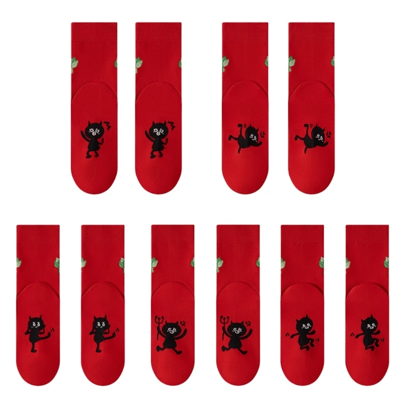 Zodiacal Year Protective Red Middle Calf Socks Evil Stepping Pattern Comfortable