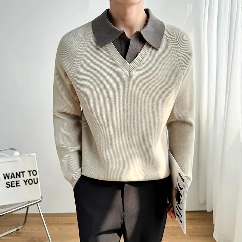 

Черные/бежевые модные поддельные свитера из 2 предметов, мужские корейские приталенные пуловеры с длинными рукавами, мужские повседневные свитера, зимний плотный трикотаж