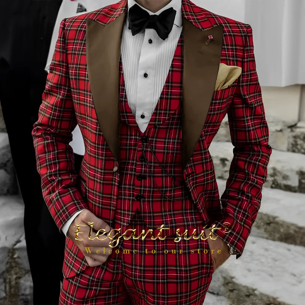Herenpak Schotse stijl jurk 3-delig pak (jas, vest en broek) Aangepaste bruidegom/beste man pak etentje elegante smoking