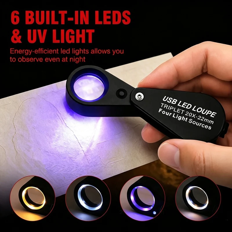 DT16 Jewelers Loupe 20x Magnifier, Rechargeable LED UV Light Pocket Magnifier, Foldable Eye Loupe for Jewelry Coins