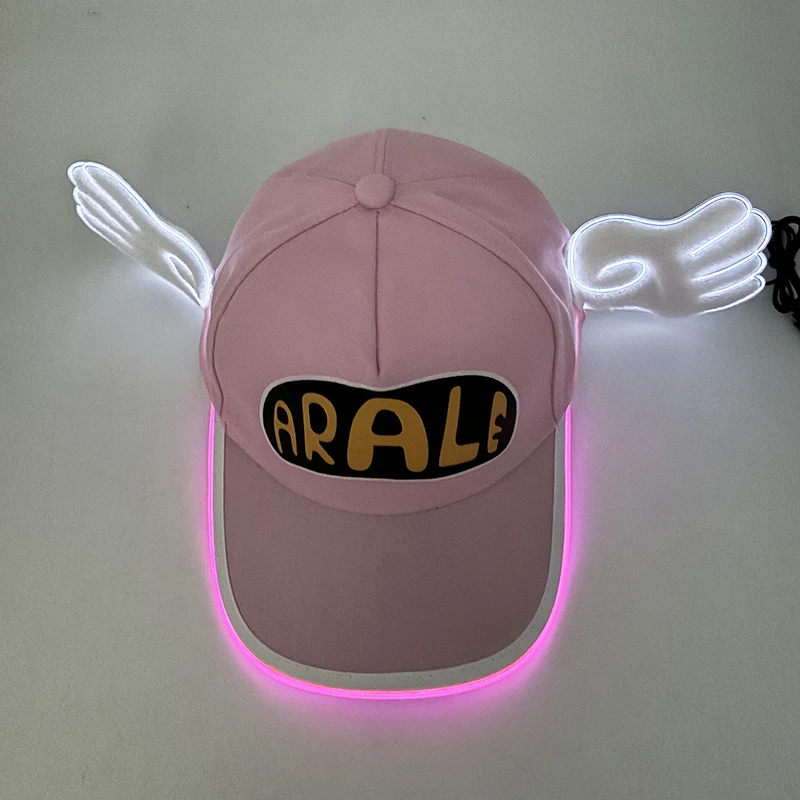 Anime Dr.Slump Cosplay Snapback Caps LED Light Arale Baseball with Angel Wings Cute Pink Baseball Hat For Adult Kids Halloween