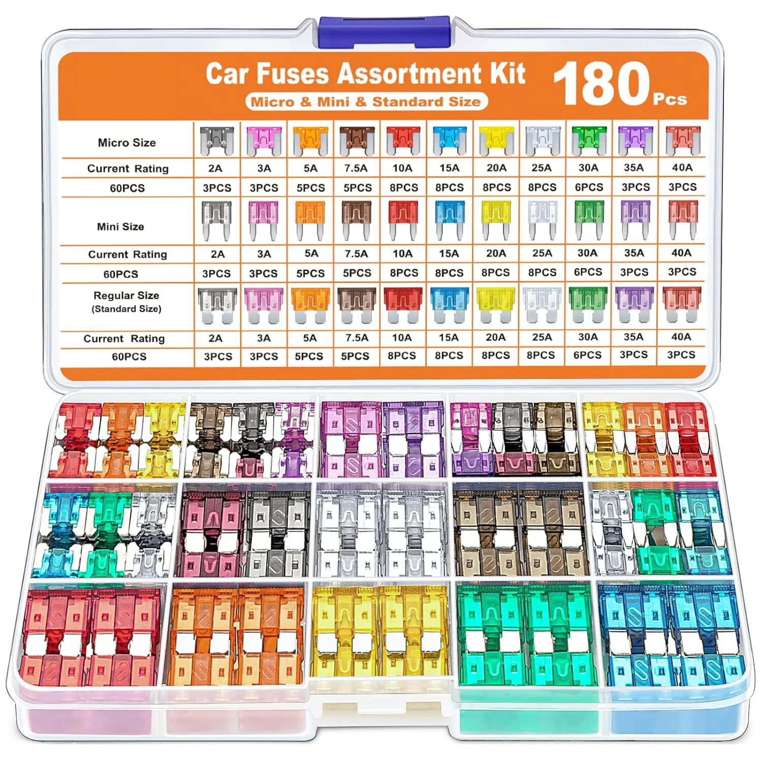 자동차 퓨즈 모듬 키트, 미니 블레이드 자동차 퓨즈 60 개, 표준 퓨즈 60 개, 마이크로 퓨즈 60 개, 퓨즈 풀러 180 개