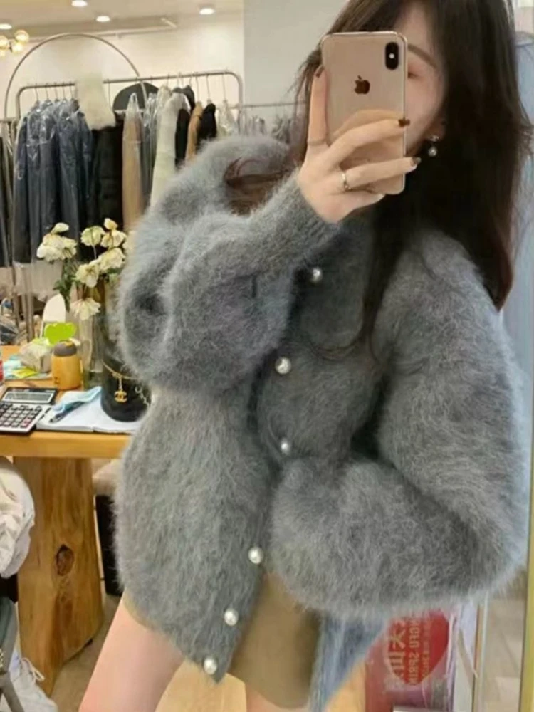 Luxury High-end Lazy Fluffy Jacket Autumn Winter Knitted Cardigan Sweater Long Sleeve Tops Design Faux Mink Pearl Button Jumper