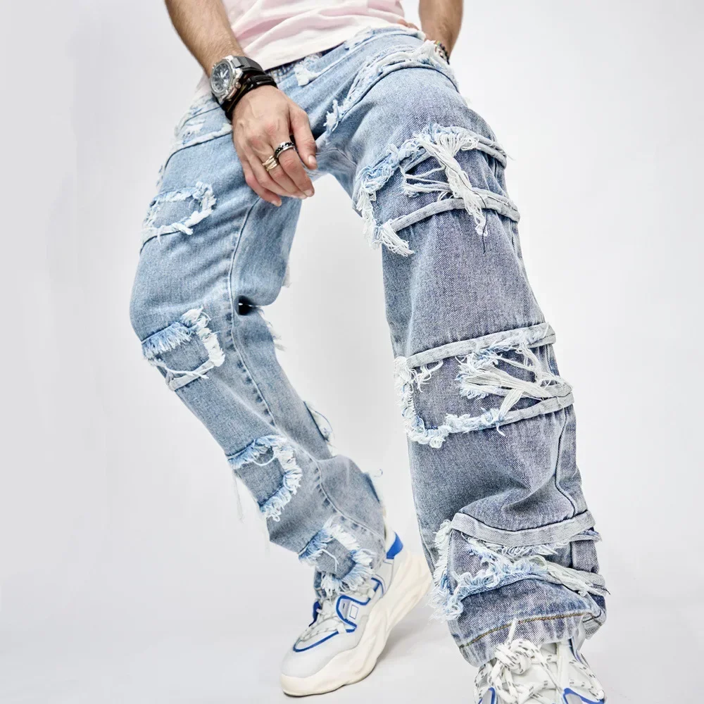 

Vintage Jeans for Men Stretchy Denim Streetwear Tearing Patchwork High Street Wide-leg Pants Casual Slim Fit Straight Trousers