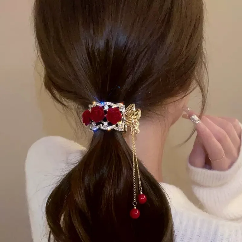 Red Rose Tassel Ponytail Buckle Ladies Elegant Hair Clip