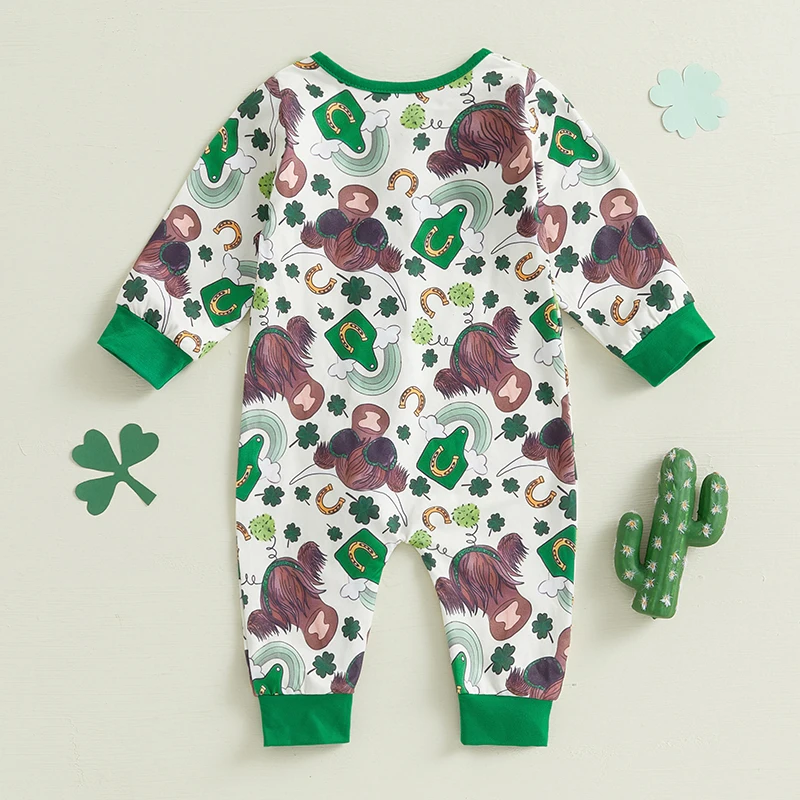 Toddler Baby Irish Day Romper Western Clover Cow Print Long Sleeve Jumpsuit for Newborn Girl Boy Cute Clothes