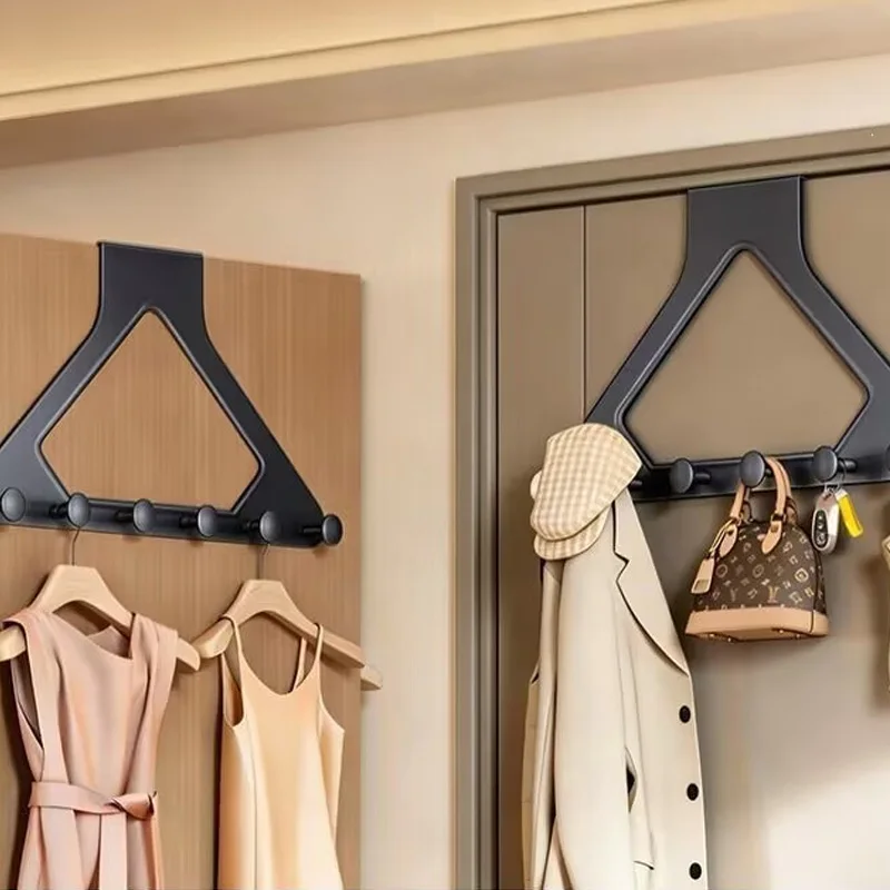 Triangular multi‑purpose hook behind door, drill‑free with double‑sided adhesive. It fits closely after installation and is not easy to fall off. This behind‑wardrobe‑door coat hanger works well in bedrooms