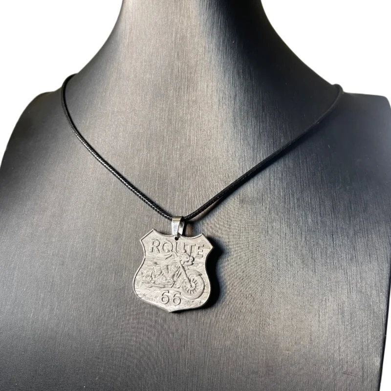 Vintage Route 66 Motorcycle Muonionalus Meteorite Pendant Necklace Handmade Biker Jewelry for Men Cosmic Amulet Gift LK346