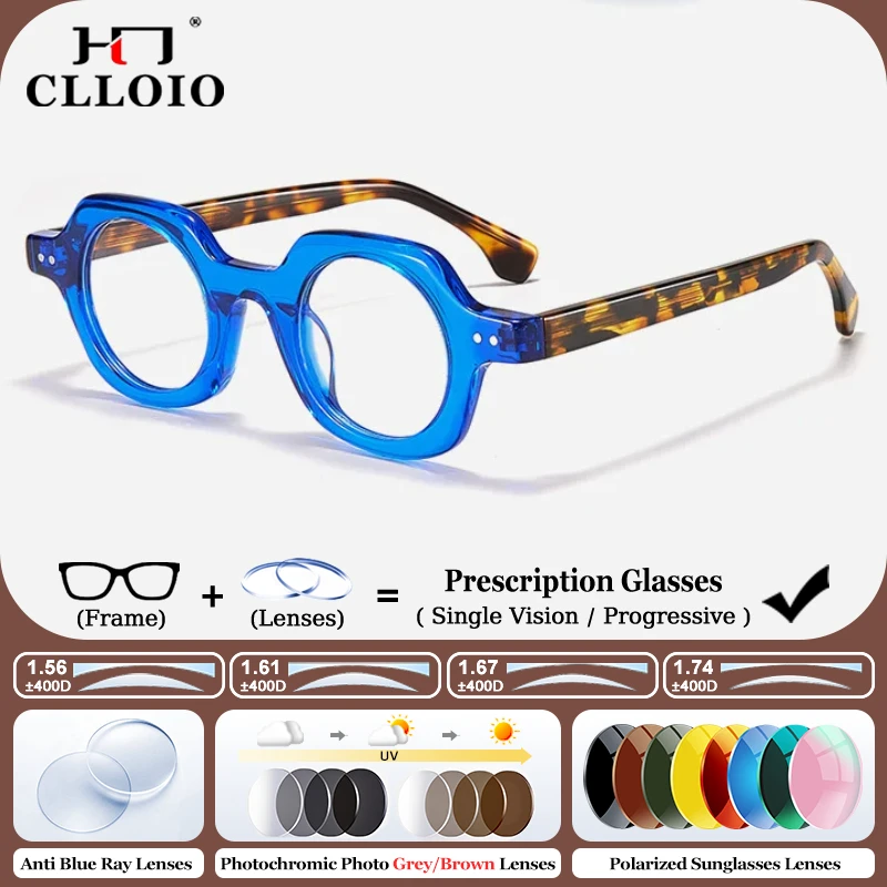 

CLLOIO 2025 New Polygonal Prescription Glasses Small Frame Acetate Anti Blue Light Photochromic Optical Eyeglasses for Men Women