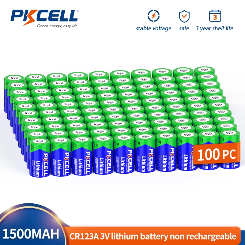 100PC PKCELL CR123A 3V Lithium Battery 123A Non-Rechargeable Batteries 1500MAH for Toys Flashlights Alarm System