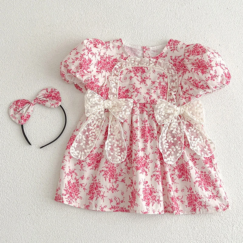 Printed Infant Baby Girls Floral Romper Summer Kids Girls Short Sleeves Dress Child Baby Girls Sweet Lace Sister Clothes