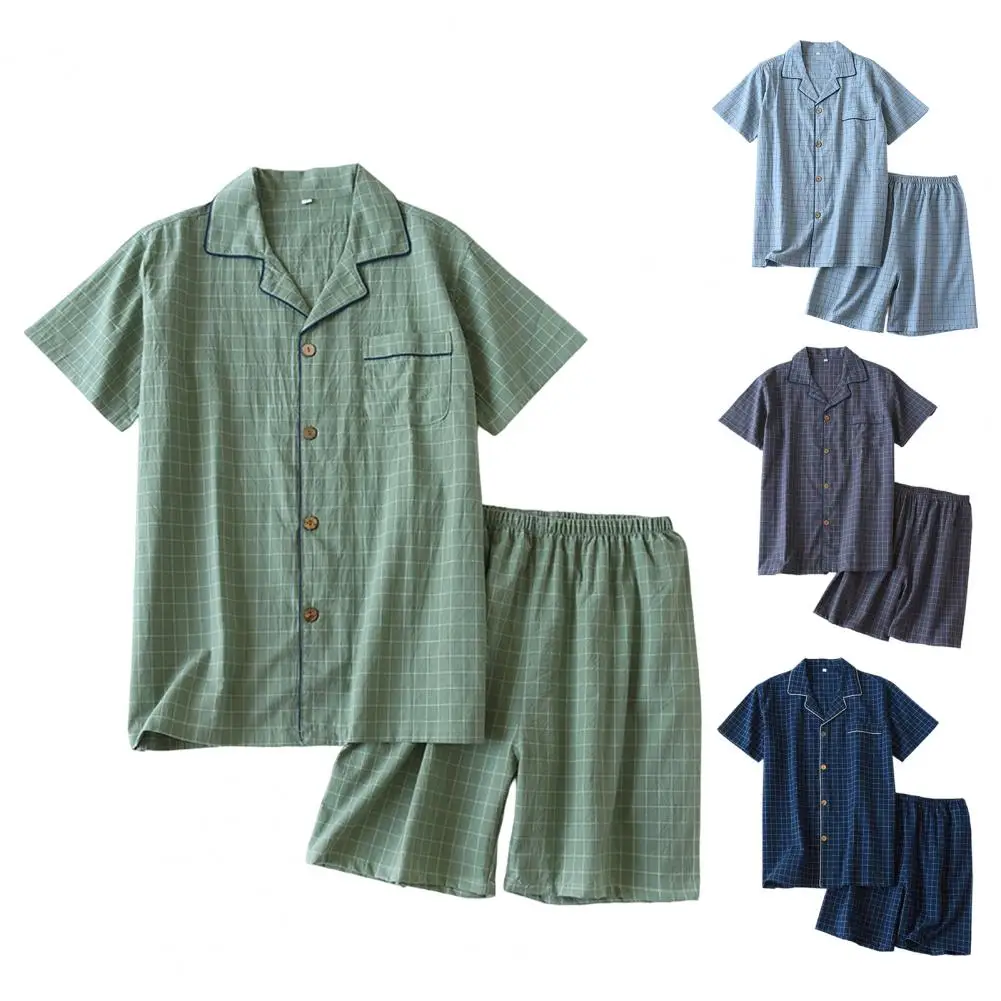 

1 Set Casual Men Pajama Set Soft Short Sleeve Comfortable Sleeping Wear Cotton Grid Print Thin Lapel Men Homewear Daily Clothing