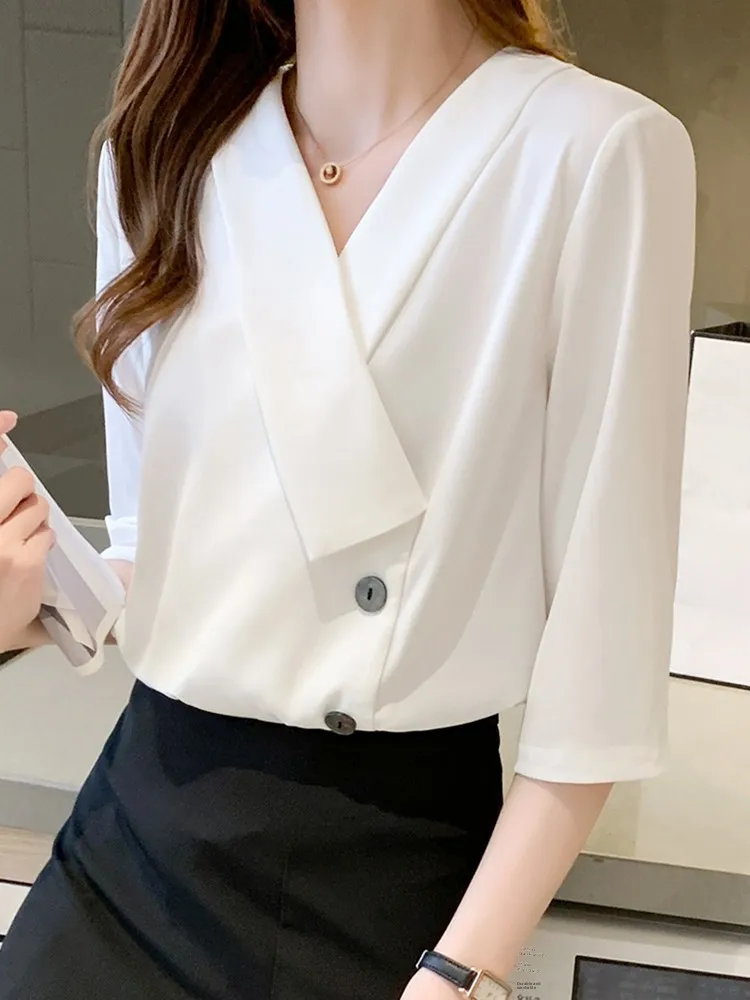 Fashionable Summer Women's Shirt Short Sleeve Chiffon Top Korean Style Straight Cut Button Detail Decorative Stitching Folded...