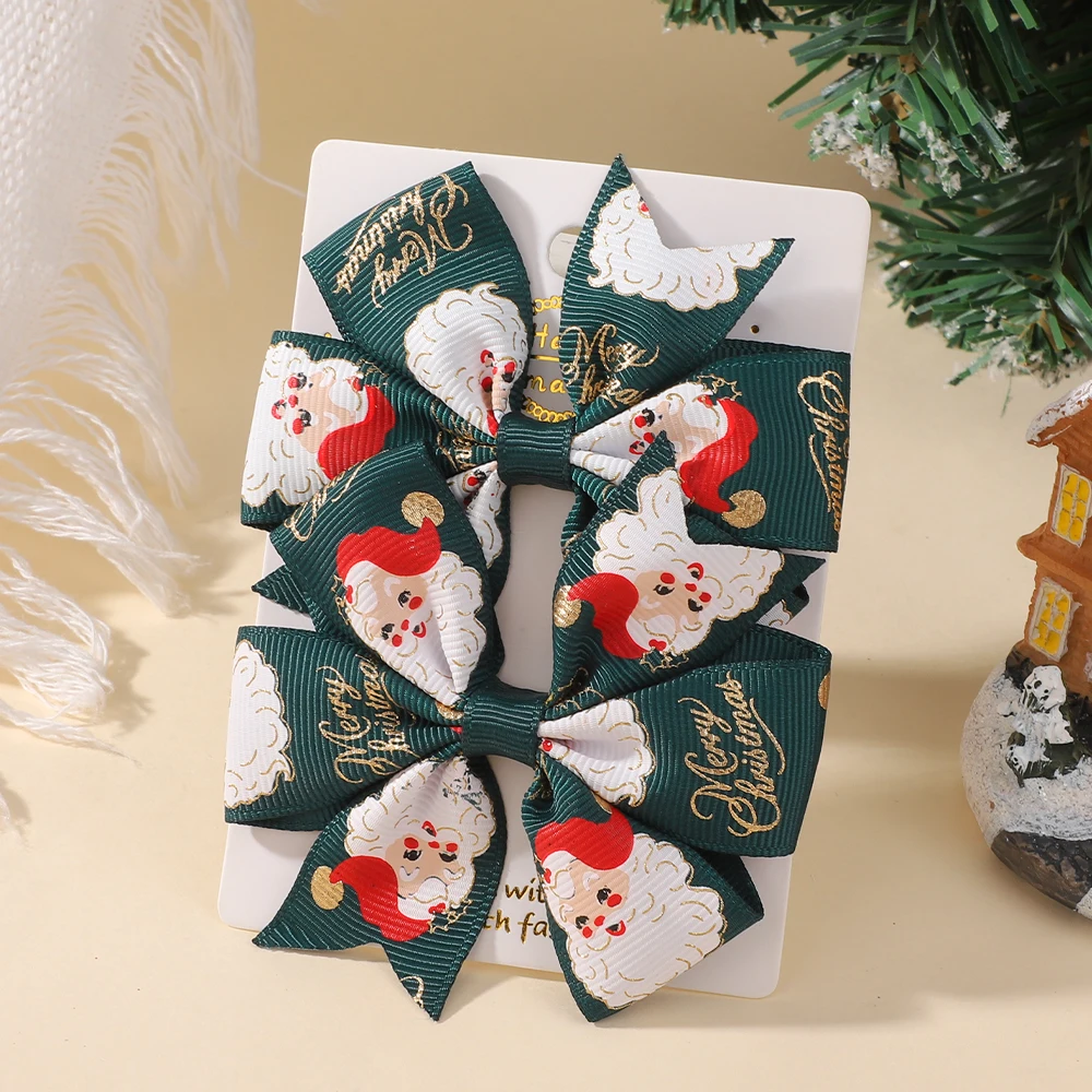 

2Pcs/Set Baby Girls Christmas Hair Bows with Clips Festive 3.22'' Santa Ribbon Pinwheel Hairpins Kids Holiday Hair Accessories