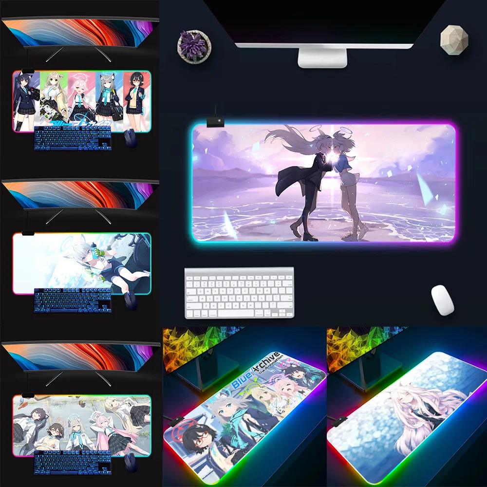 Anime Shiroko Blue Archive Girls RGB Pc Gamer Keyboard Mouse Pad Mousepad LED Glowing Mouse Mats Rubber Gaming Computer Mausepad