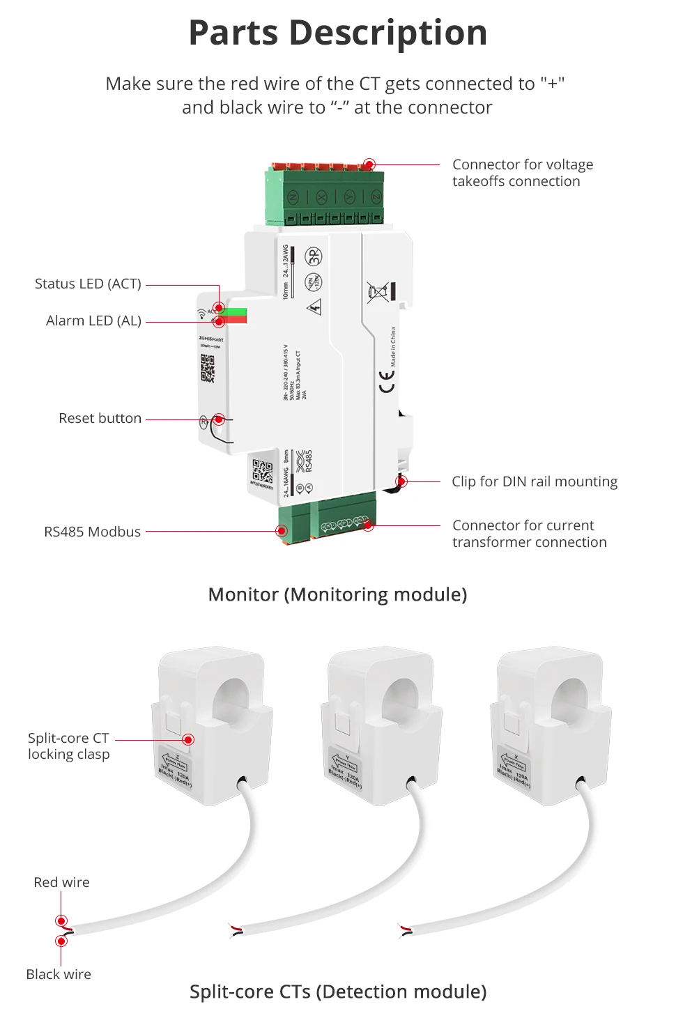Zemismart 120A Zigbee RS485 Smart Energy Meter 3-Phasen-Leistungsmonitor Kompatibel mit Tuya Herausziehbare Split-Core-CTs 120V 240V – Detail 12