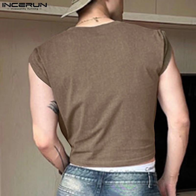 INCERUN 2024 Men Tank Tops Solid Color O-neck Sleeveless Casual Male Vests Streetwear Summer Fashion Leisure Crop Tops S-5XL