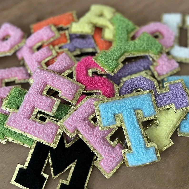 5.5CM Chenille Letter Patch Small Self Adhesive Varsity Letter DIY Cosmetic Bag Nylon Pouch Gold Glitter Trim Embroidery Patch