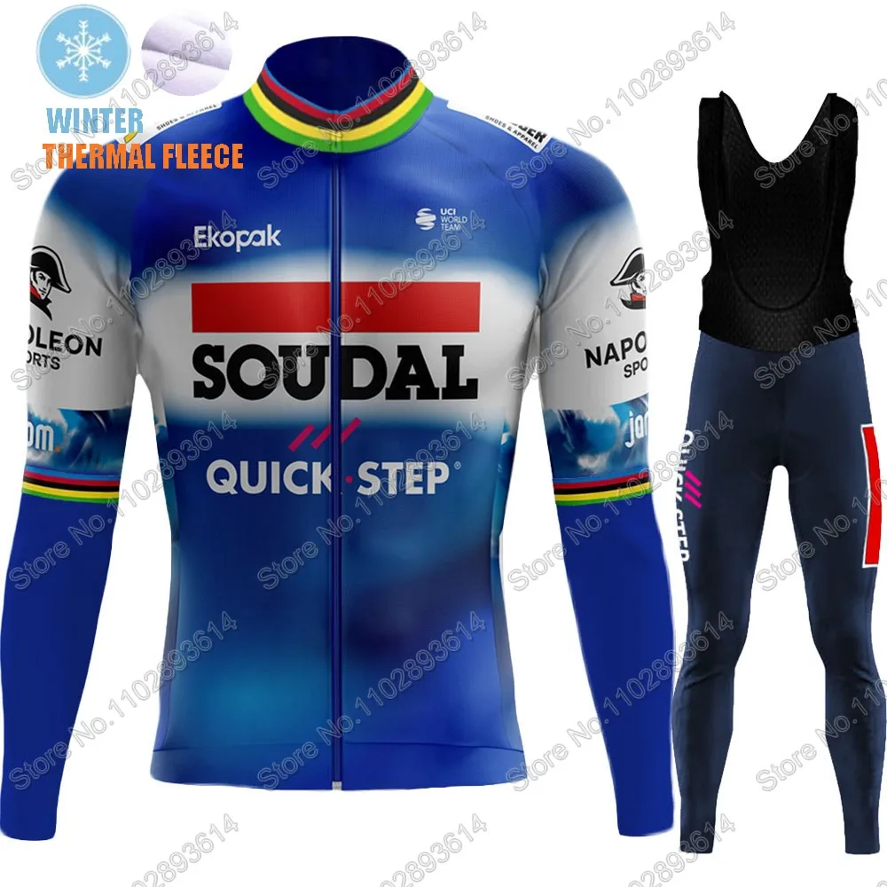 Soudal Quick Step Team Winter 2024 Cycling Jersey Clothing Set Thermal Fleece World Champion Long Sleeve Pants Bib Bike Suit MTB