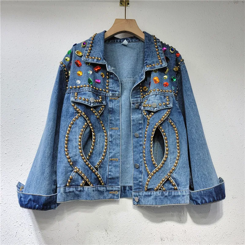 

Heavy Work Diamonds Rivet Denim Jacket Women Cowboy Outerwear Autumn Streetwear Vintage Blue Loose Short Jeans Jackets Female