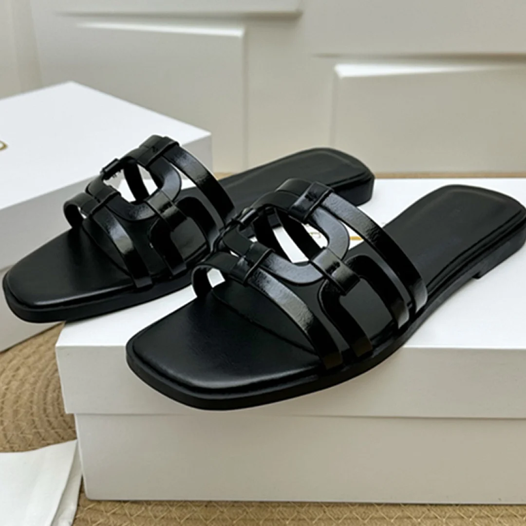 

Maxdutti Minimalist Resort Style Fashion Hollow-out Sandals Black Color Flats Shoes Summer Genuine Leather Slippers Shoes For Wo