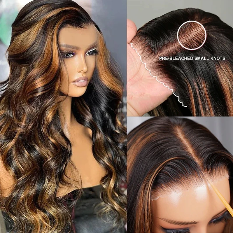 Wig Rambut Asli Brasil Body Wave 13x6, Wig Tanpa Lem 5x5, Pre Cut Lace Wear & Go, Warna Pirang Cokelat Highlight Density 250%, P1B/30