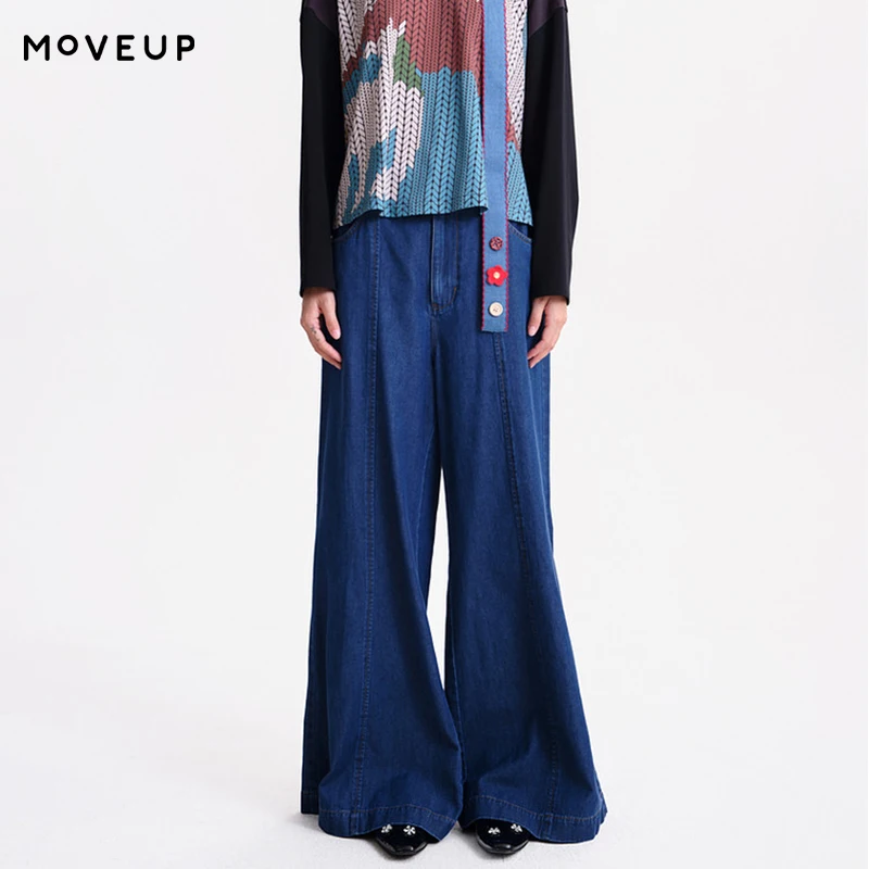 

MOVEUP Denim Flare Pants 2026 Spring New Pure Cotton Elastic Waist Plant Woven Label Pocket Casual Jeans For Women 3ELC40302