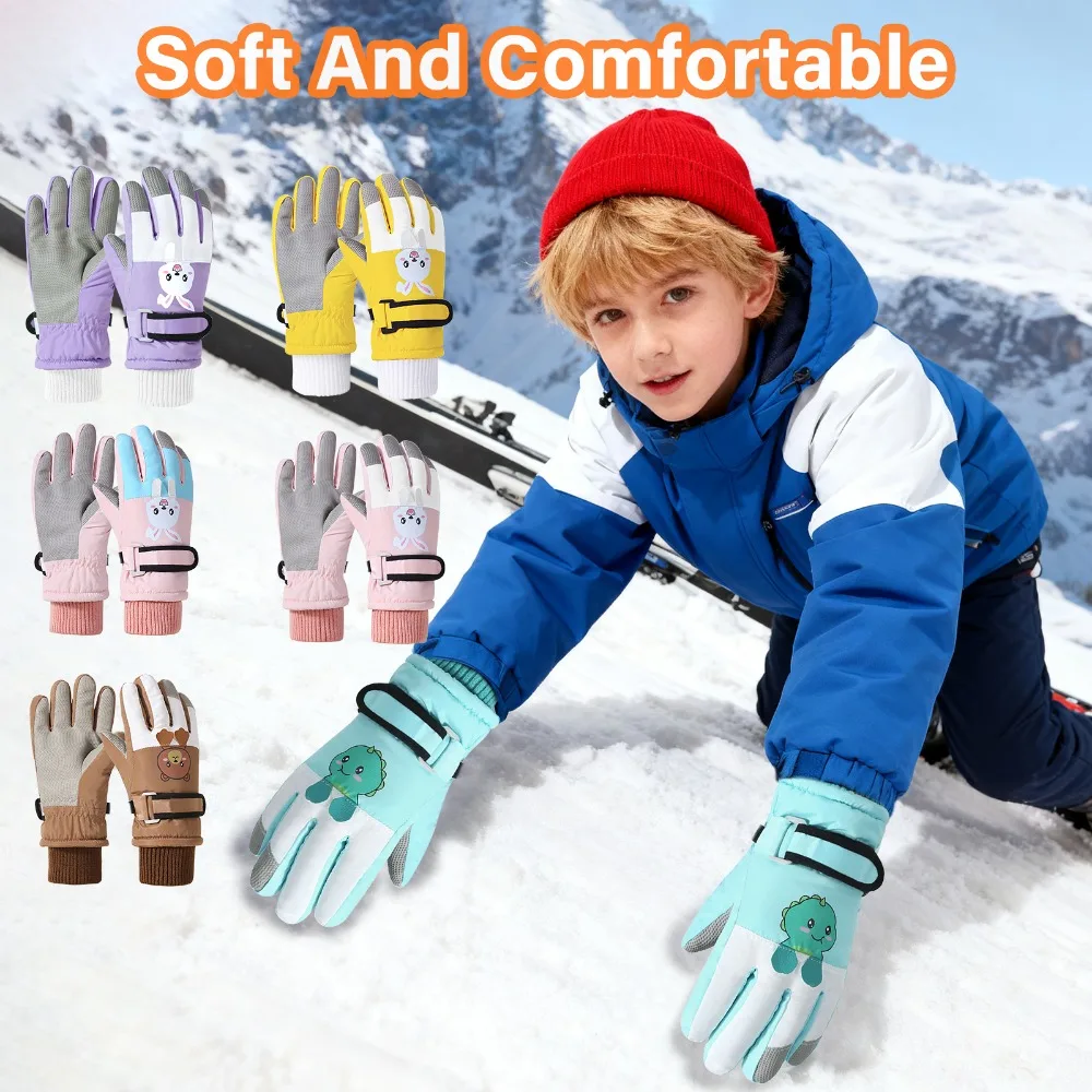 

Children's Waterproof Ski Gloves, Winter Thick Glove with Cartoon Printed Boys Girls 4-14 Years For Winter Fun Cycling Snowboard