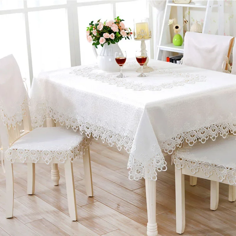 Fabric dining table cloth European white embroidered edge tablecloth square table round table chair cover hollow lace