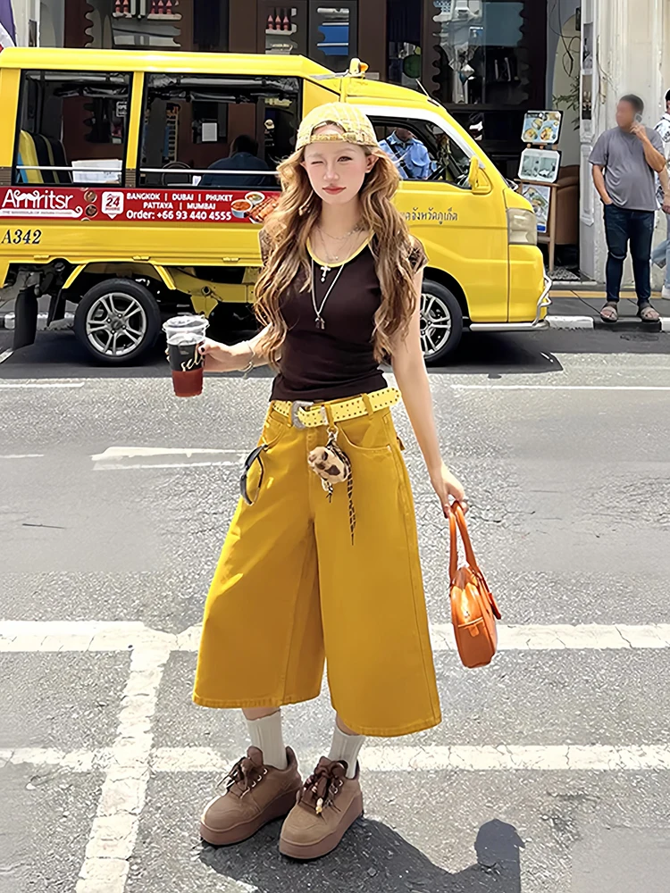 ReddaChic Women's Baggy Jean Jorts Lounge Simple Colorful Denim Straight Wide Leg Bermuda Short Pants Korean Retro Everyday Wear view 6