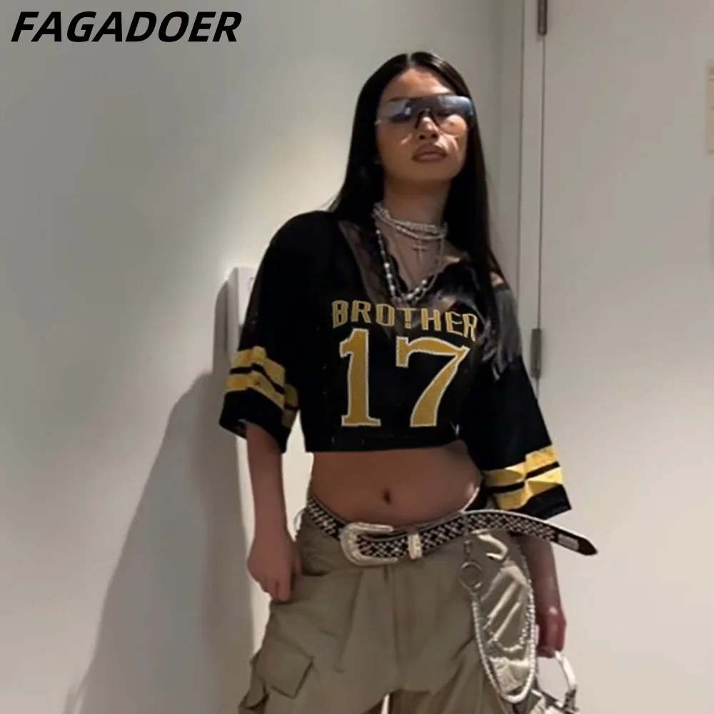 FAGADOER Sexy Lace Patchwork Basketaball Tshirt Women Letter Print V-neck Mesh Sheer Loose Crop Tops Hot Girl Y2k Streetwear