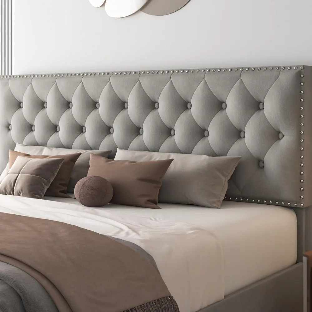 HOSTACK Queensize bedframe met 4 opbergladen, modern gestoffeerd platformbed met verstelbaar hoofdeinde, getuft bed met knopen
