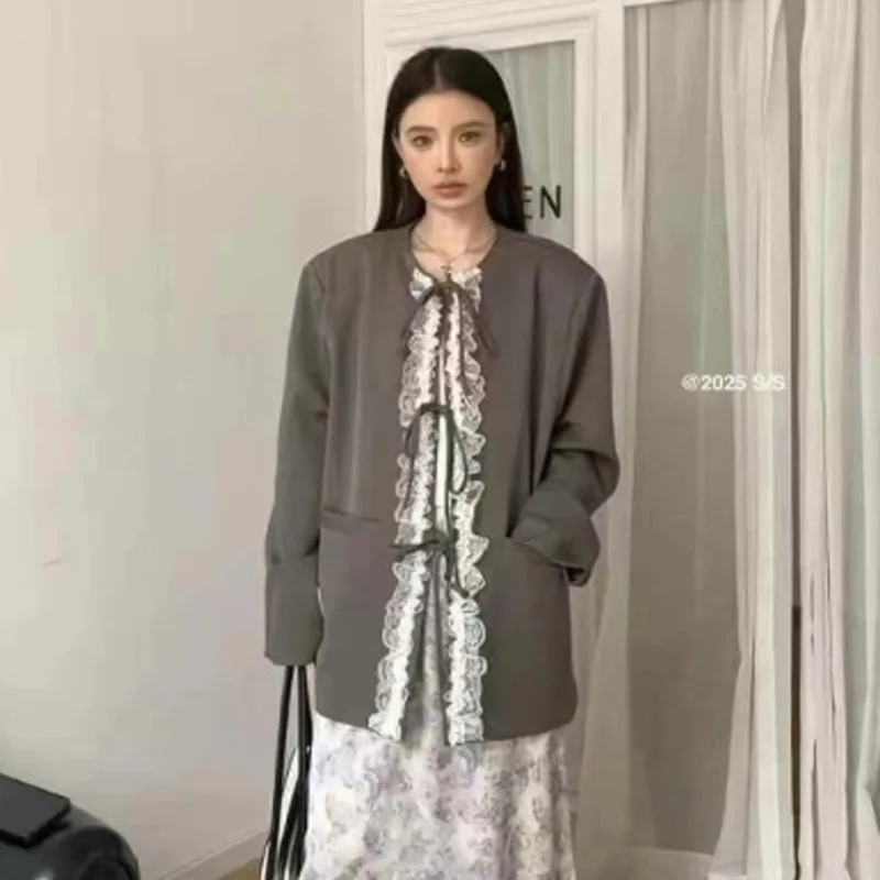 EAEOVNI contraste couleur dentelle épissé veste d'extérieur femmes mode à lacets conception polyvalent Blazer manteau 2025 nouveaux vêtements 1A1024