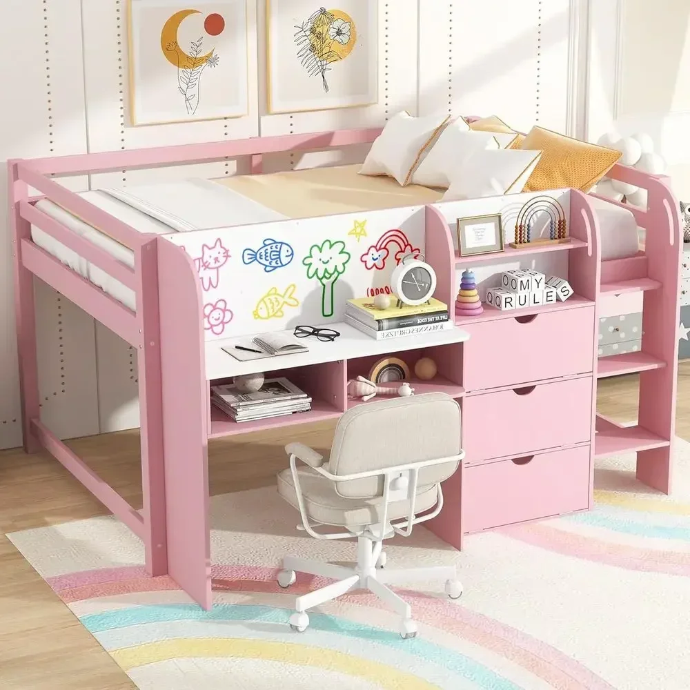 Low Loft Bed with Desk, Open Bookcase, Storage Cabinets & Whiteboard for Kids (Pink)