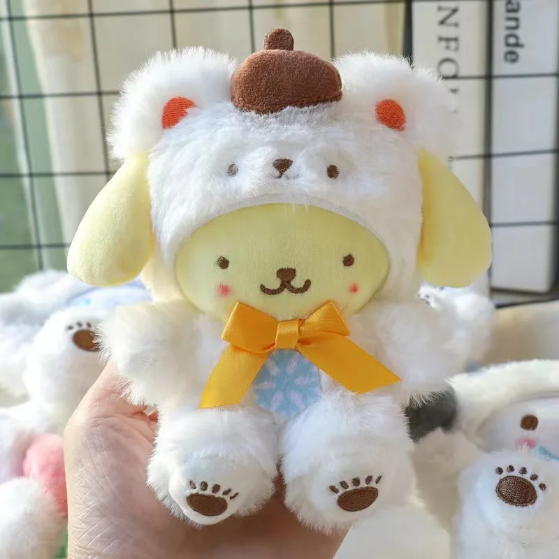 Sanrio Hello Kitty My Melody Kuromi Cartoon Winter Day White Bear Set Bow Tie Soft Plush Pendant Backpack Decoration Couple Gift