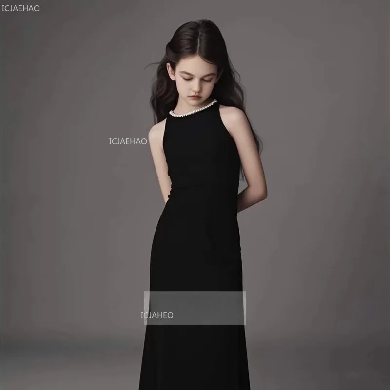 

Kids Girls Black Evening Dress Gown for Piano Recital PerformancePageant Party Host Costume Model Runway Flower Girl Children
