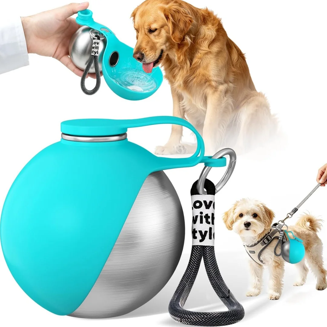 Stainless Steel Portable Pet Water Bottle with Silicone Bowl, Travel Pet Water Dispenser, Compact Outdoor Pet Water Bowl for Dog